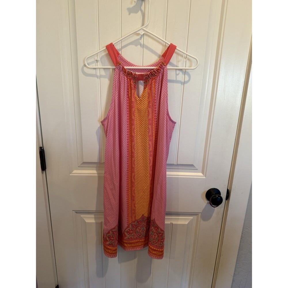 Cabana Life Dress Women’s L Pink Coral Paisley Keyhole Sleeveless Shift Pockets
